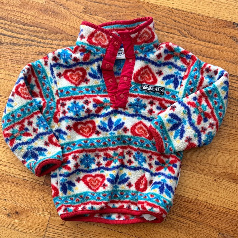 Vintage Obermeyer Kids Multicolor Heart & Floral Fleece Pullover